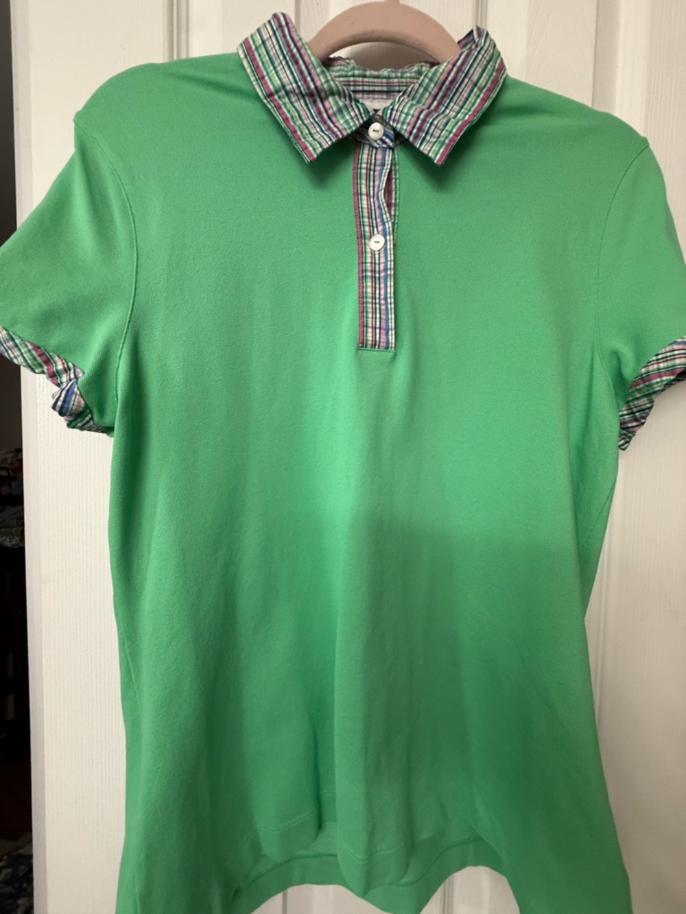 Brooks Brothers Bright Green Women’s Polo with Plaid Trim